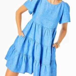 NWT Lilly Pulitzer Jocelyn Short Sleeve Linen Swing Dress SZ S Boca Blue